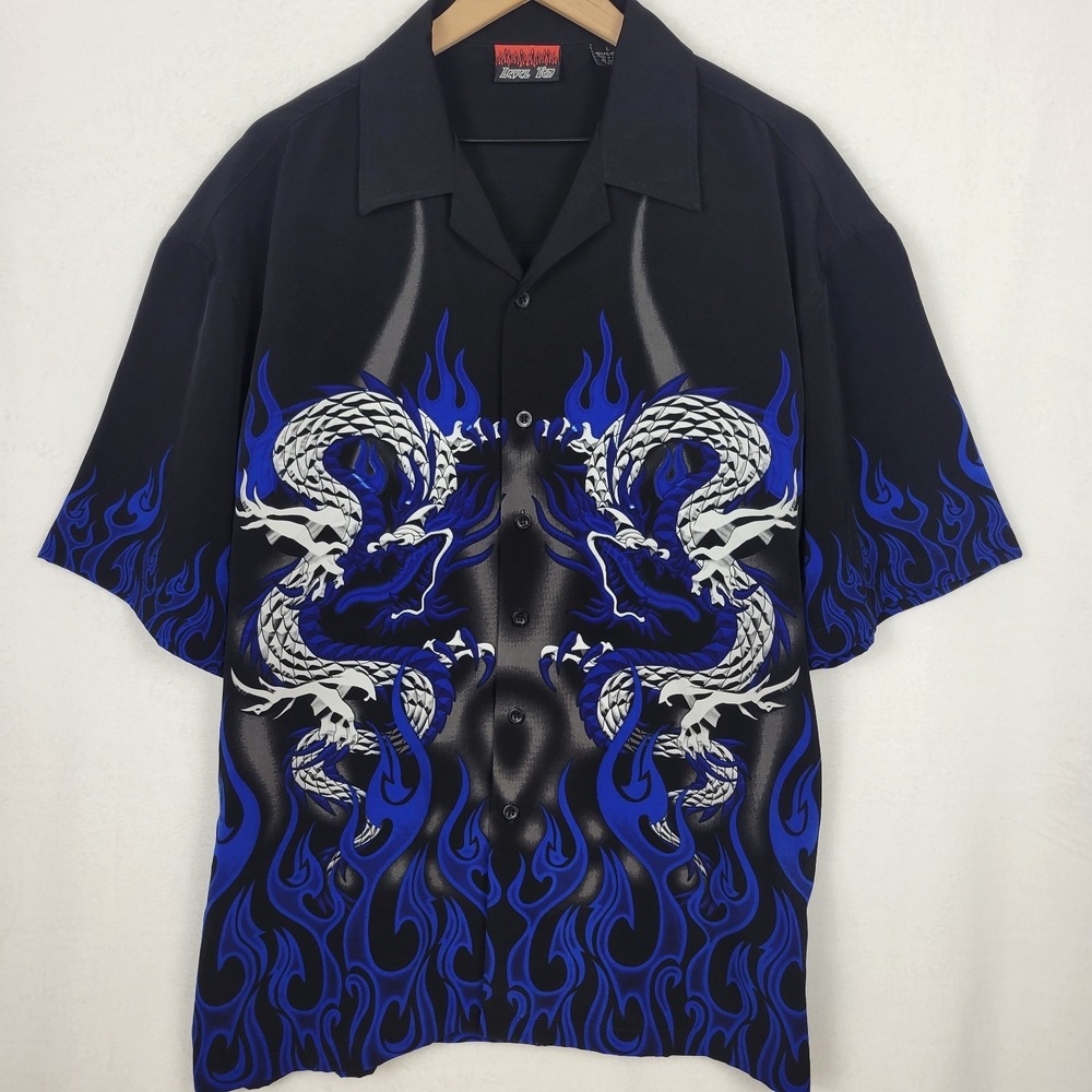 Vintage‎ Y2K Dragon & Blue Flame Button Up Camp Shirt L Cyber Grunge Streetwear